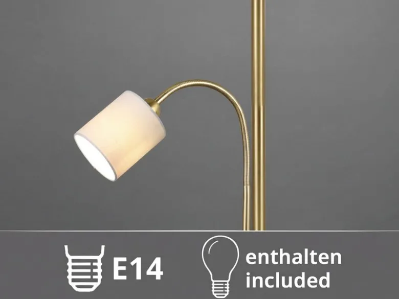 Große Stehlampe mit Leselampe, LED dimmbar, Messing Stoff Cremeweiß, Höhe 170cm