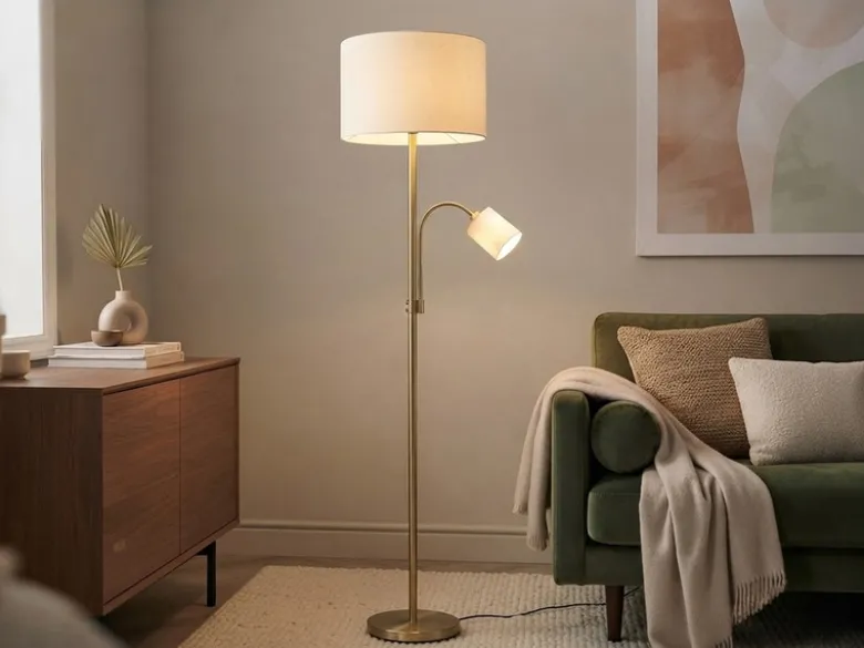 Große Stehlampe mit Leselampe, LED dimmbar, Messing Stoff Cremeweiß, Höhe 170cm