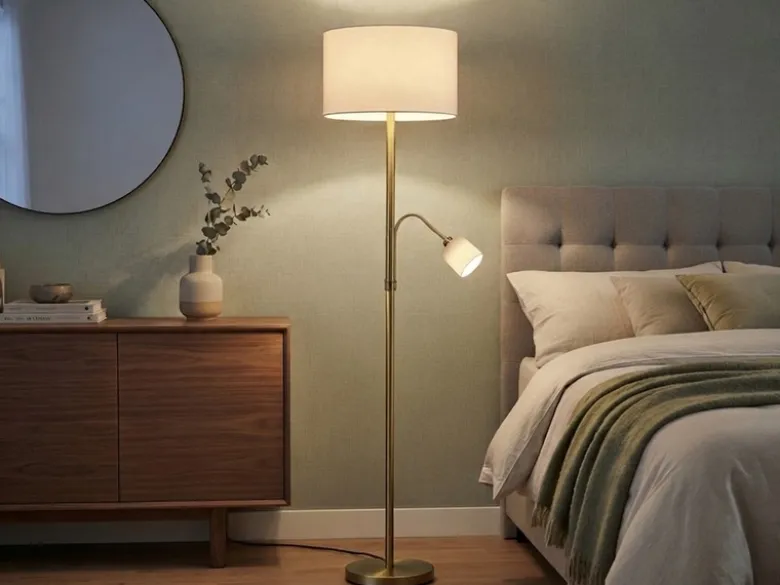 Große Stehlampe mit Leselampe, LED dimmbar, Messing Stoff Cremeweiß, Höhe 170cm