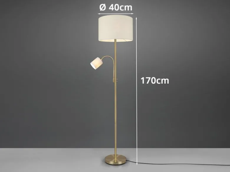 Große Stehlampe mit Leselampe, LED dimmbar, Messing Stoff Cremeweiß, Höhe 170cm
