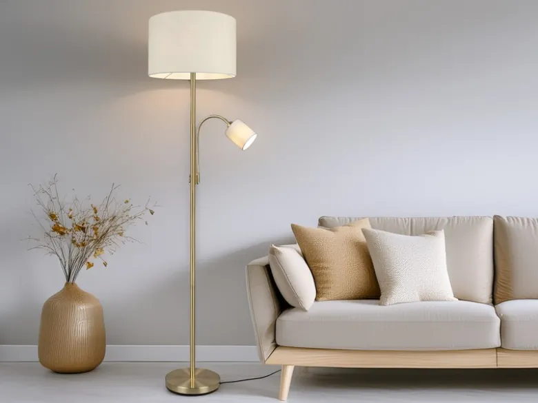 Große Stehlampe mit Leselampe, LED dimmbar, Messing Stoff Cremeweiß, Höhe 170cm