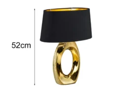 Große Tischlampe TABA Keramik Gold mit E27 Stoffschirm Schwarz, Höhe 52cm