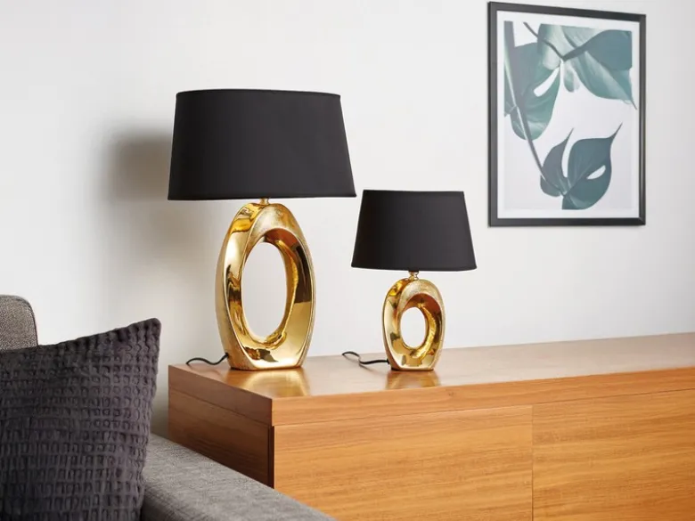 Große Tischlampe TABA Keramik Gold mit E27 Stoffschirm Schwarz, Höhe 52cm