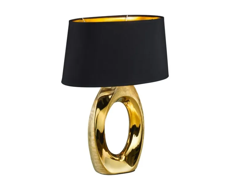 Große Tischlampe TABA Keramik Gold mit E27 Stoffschirm Schwarz, Höhe 52cm