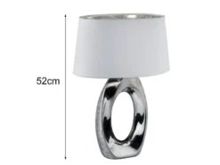 Große Tischlampe TABA Keramik Silber mit E27 Stoffschirm Weiß, Höhe 52cm