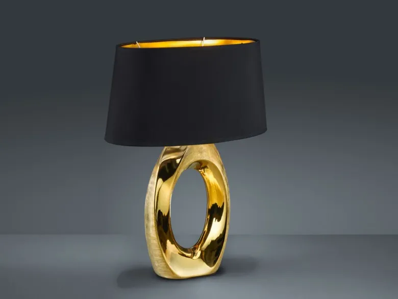 Große Tischleuchte Keramik Gold mit Stoffschirm Schwarz & E27 LED, Höhe 52cm