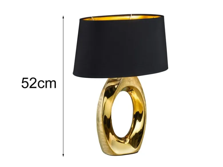 Große Tischleuchte Keramik Gold mit Stoffschirm Schwarz & E27 LED, Höhe 52cm