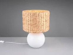 Große Tischleuchte VINA Keramikfuß Weiß mit Seegras Lampenschirm, Höhe 40cm