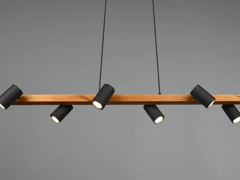 Holzbalken Pendelleuchte MARLEY 6-flammig lang Schwarz, Breite 115cm