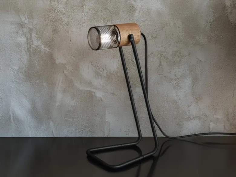 Industrial LED Tischlampe Metallgeflecht Metallschirm und Holzsockel, Höhe 40cm