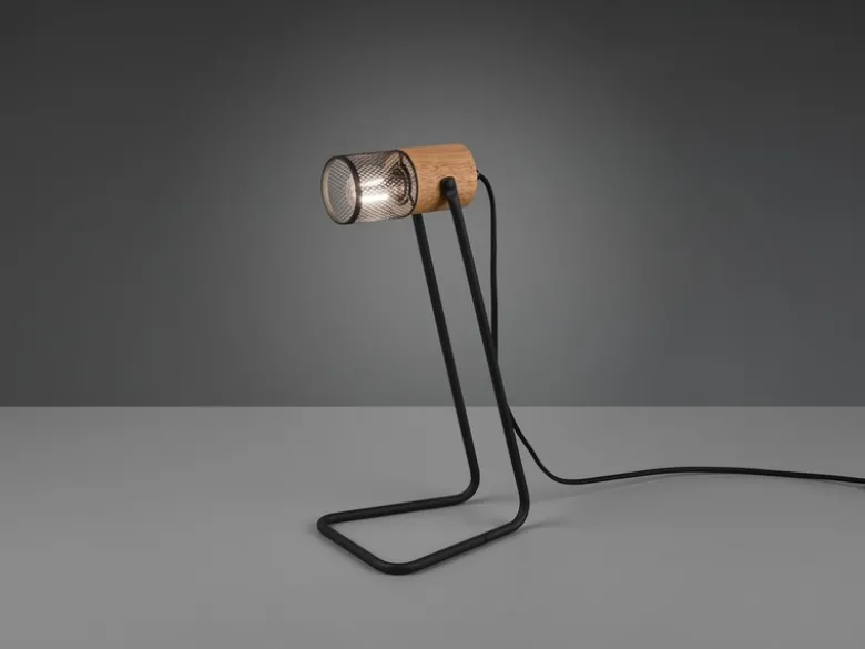 Industrial LED Tischlampe Metallgeflecht Metallschirm und Holzsockel, Höhe 40cm