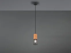 Industrial Pendelleuchte TOSH Drahtkorb Schwarz mit Holz, Ø 10cm