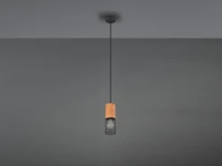 Industrial Pendelleuchte TOSH Drahtkorb Schwarz mit Holz, Ø 10cm