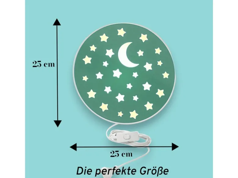 Kinderzimmer Wandlampe mit Mond & Sternen Grün Schalter & Stecker, Ø 25cm