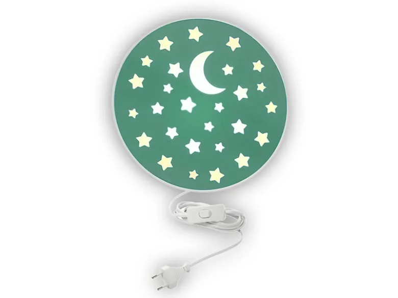 Kinderzimmer Wandlampe mit Mond & Sternen Grün Schalter & Stecker, Ø 25cm