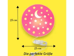 Kinderzimmer Wandlampe mit Mond & Sternen Rosa, Schalter & Stecker Ø25cm