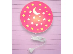 Kinderzimmer Wandlampe mit Mond & Sternen Rosa, Schalter & Stecker Ø25cm