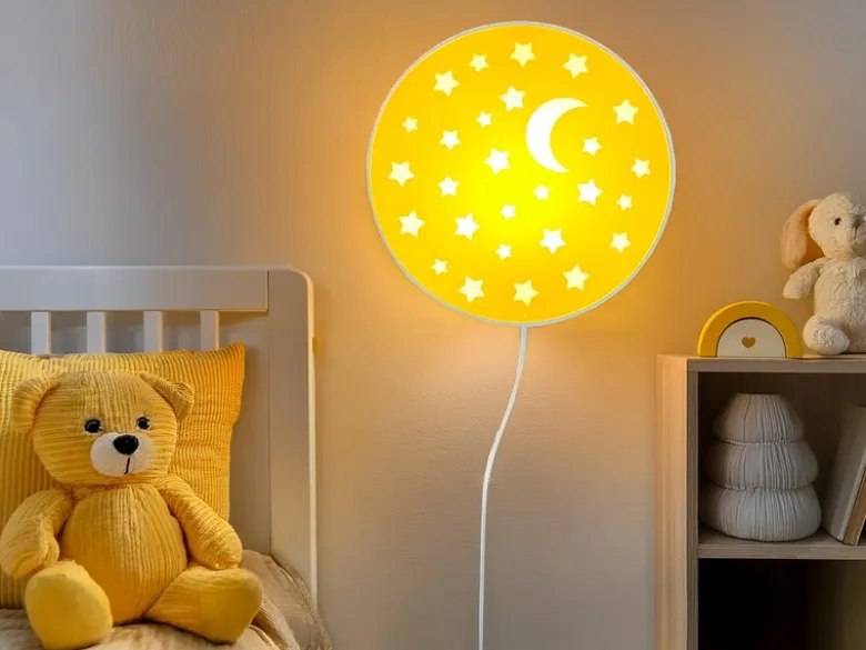 Kinderzimmer Wandlampe Mond & Sterne Gelb, Schalter & Stecker, Ø25cm