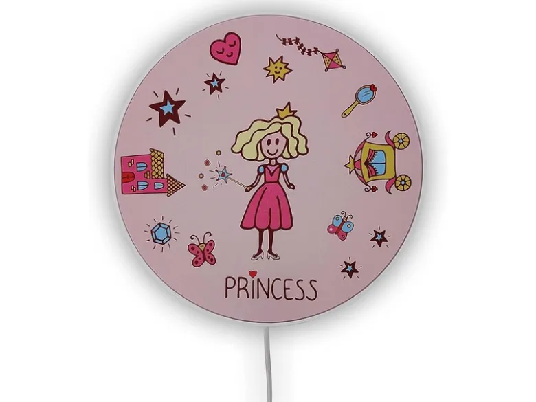 Kinderzimmer Wandlampe Rosa mit Motiv Prinzessin, Schalter & Stecker, Ø 25cm