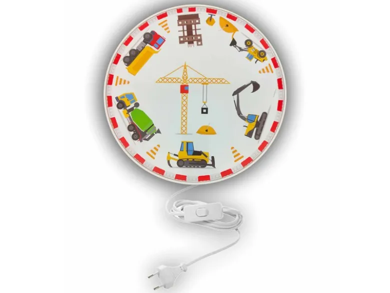 Kinderzimmer Wandlampe Weiß mit Baustellen Motiv, Schalter & Stecker, Ø 25cm