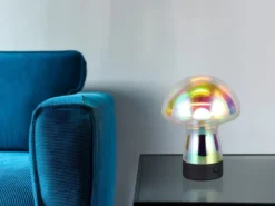 Kleine Akku Tischlampe DOOLEY aus irisierendem Glas, Höhe 18cm