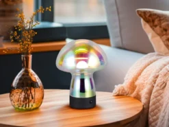 Kleine Akku Tischlampe DOOLEY aus irisierendem Glas, Höhe 18cm