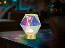 Kleine ausgefallene Akku Tischlampe STAVRO USB aufladbar, Glas bunt, Höhe 17,5cm