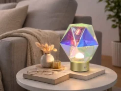 Kleine ausgefallene Akku Tischlampe STAVRO USB aufladbar, Glas bunt, Höhe 17,5cm