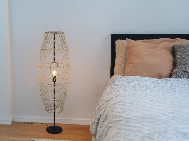 Kleine Boho LED Stehleuchte Lampenschirm geflochten aus Hanfseil, Höhe 120cm