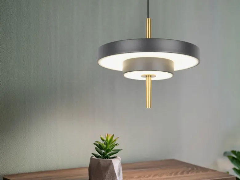 Kleine dimmbare LED Pendelleuchte KEATON im modernen Design, Schwarz Gold Ø 20cm