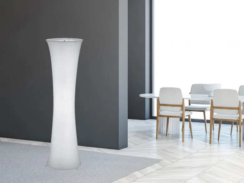 Kleine LED Stehleuchte Lichtsäule aus Stoff in Weiß Zylinder, Höhe 123cm