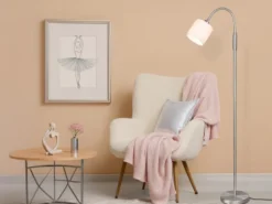 Kleine LED Stehleuchte Silber mit Flexarm und Stoffschirm Weiß, Höhe 130cm
