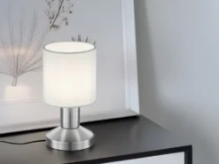Kleine LED Tischlampe mit Touchfunktion & Stoffschirm Weiß, Höhe 18cm