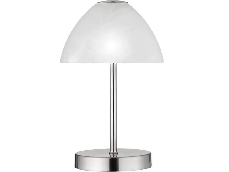 Kleine LED Tischlampe QUEEN dimmbar, Silber mit Glasschirm Weiß, Höhe 24cm