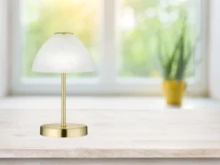 Kleine LED Tischlampe QUEEN dimmbar, Messing mit Glasschirm Weiß, Höhe 24cm