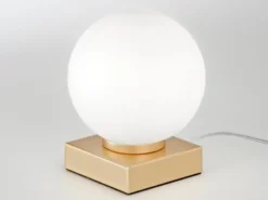 Kleine LED Tischleuchte Gold mit Glaskugel in Opalweiß, Höhe 17,5cm