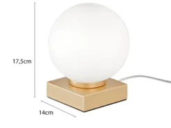 Kleine LED Tischleuchte Gold mit Glaskugel in Opalweiß, Höhe 17,5cm
