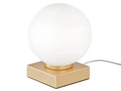 Kleine LED Tischleuchte Gold mit Glaskugel in Opalweiß, Höhe 17,5cm