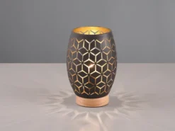 Kleine LED Tischleuchte in Schwarz/Gold mit ausgefallenem Stanzmuster, H: 21cm