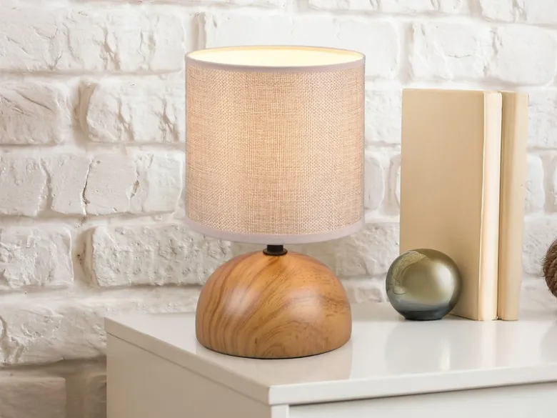 Kleine LED Tischleuchte Keramik in Holzoptik Stoffschirm Beige, Höhe 23cm