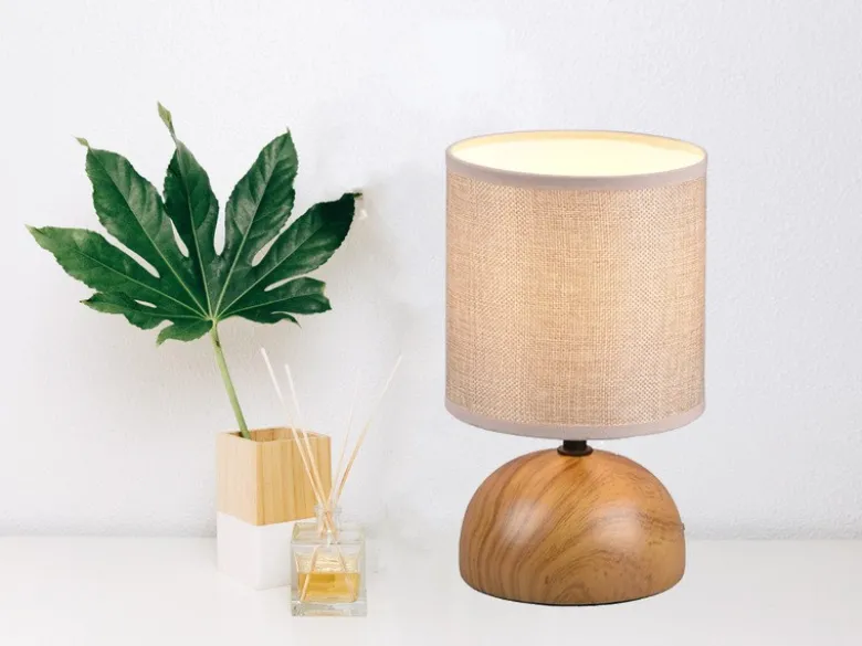 Kleine LED Tischleuchte Keramik in Holzoptik Stoffschirm Beige, Höhe 23cm