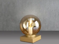 Kleine LED Tischleuchte Messing Sockel - Glaskugel Amber, Höhe 17,5cm