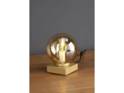 Kleine LED Tischleuchte Messing Sockel - Glaskugel Amber, Höhe 17,5cm