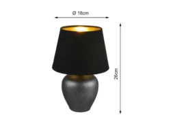 Kleine LED Tischleuchte mit Keramikfuß & Stoffschirm Schwarz Gold, Höhe 26cm