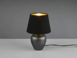 Kleine LED Tischleuchte mit Keramikfuß & Stoffschirm Schwarz Gold, Höhe 26cm