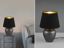 Kleine LED Tischleuchte mit Keramikfuß & Stoffschirm Schwarz Gold, Höhe 26cm