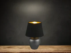 Kleine LED Tischleuchte mit Keramikfuß & Stoffschirm Schwarz Gold, Höhe 26cm