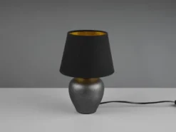 Kleine LED Tischleuchte mit Keramikfuß & Stoffschirm Schwarz Gold, Höhe 26cm