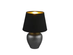 Kleine LED Tischleuchte mit Keramikfuß & Stoffschirm Schwarz Gold, Höhe 26cm