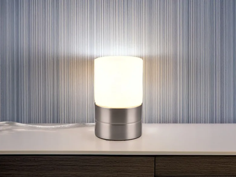 Kleine LED Tischleuchte per touch dimmbar, Silber mit Glasschirm, Höhe 15cm